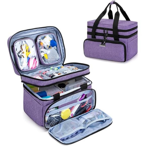 Double Layer Sewing Accessories Organizer with 2 Detachable Pouches, Purple - Picture 1 of 6